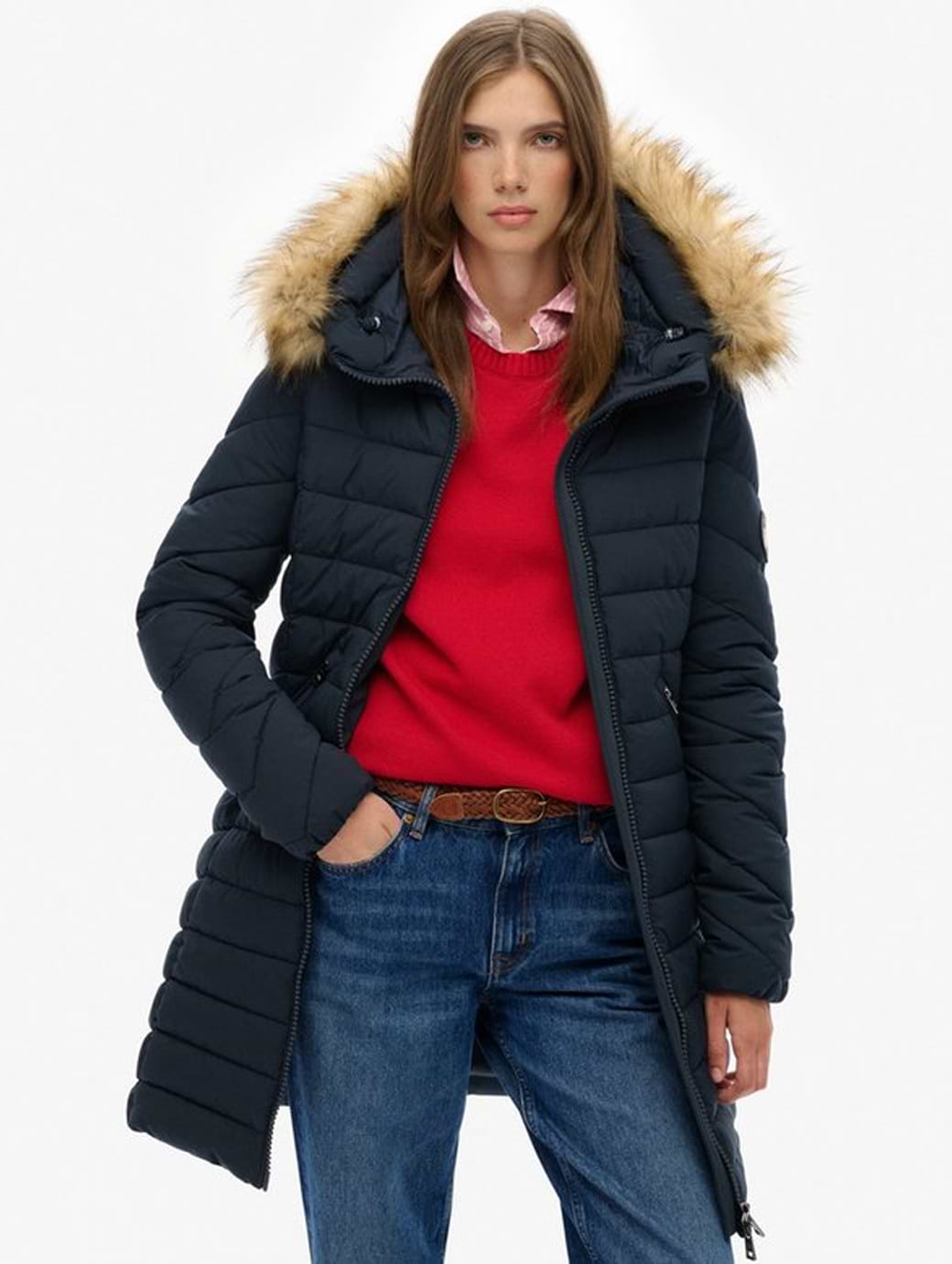 Superdry Women's Fuji Faux Fur Hood Mid Length Jacket Eclipse Navy