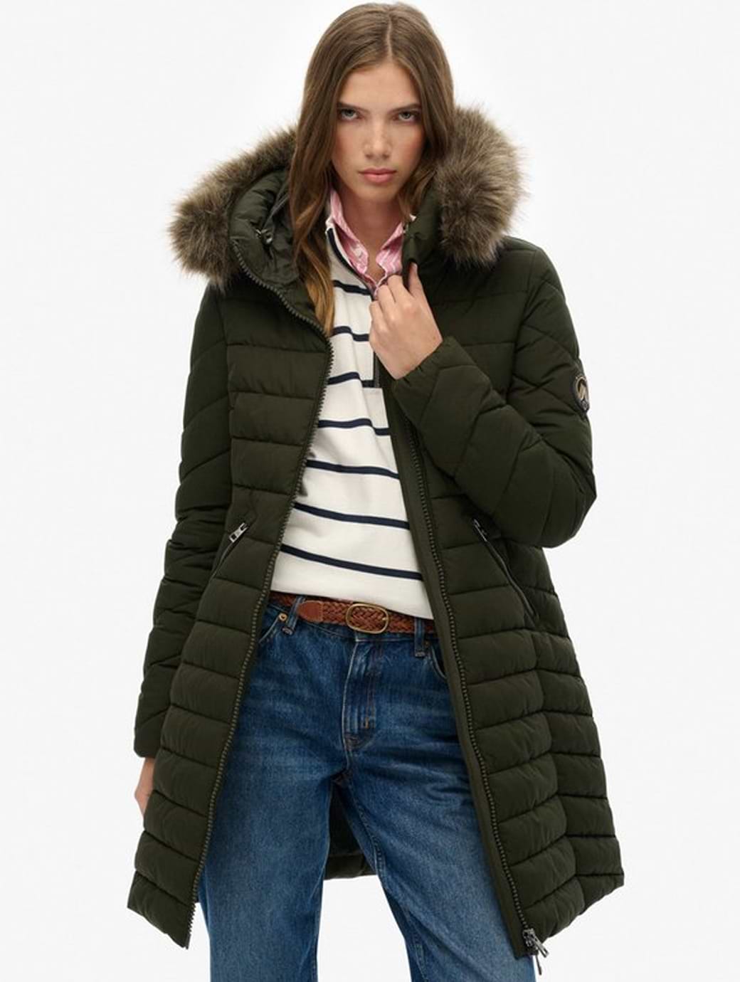 Superdry Women's Fuji Faux Fur Hood Mid Length Jacket Olive Green