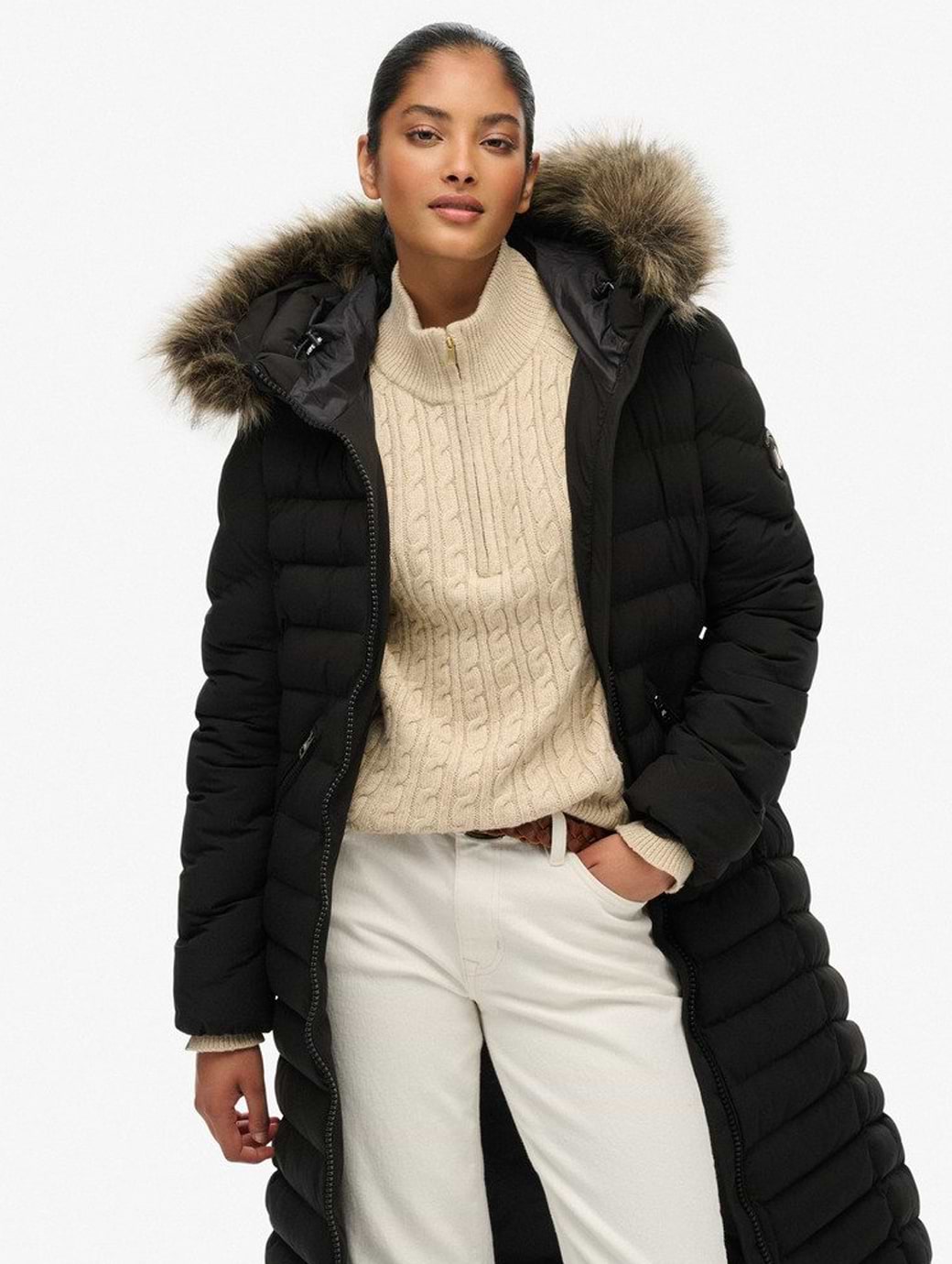 Superdry Women's Fuji Faux Fur Hooded Longline Jacket Black