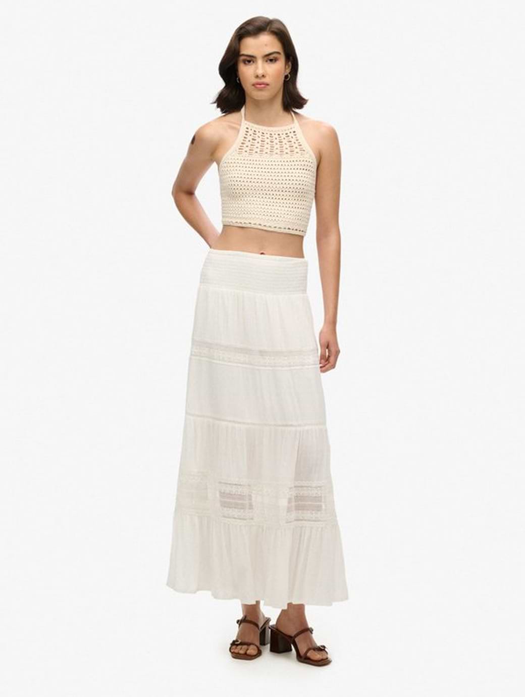 Superdry Women's Ibiza Lace Mix Maxi Skirt Off White