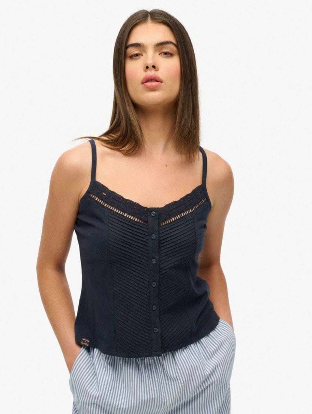 Superdry Women's Lace Button Through Cami Top Eclipse Navy