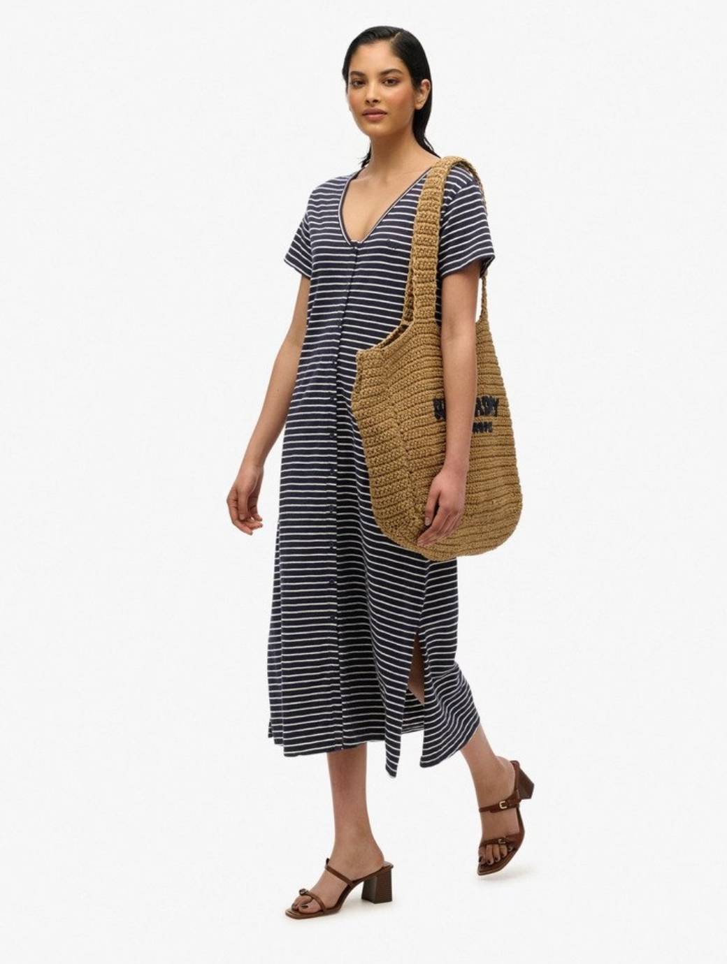 Superdry Women's Short Sleeve Button Thru Jersey Midi Navy Optic Stripe