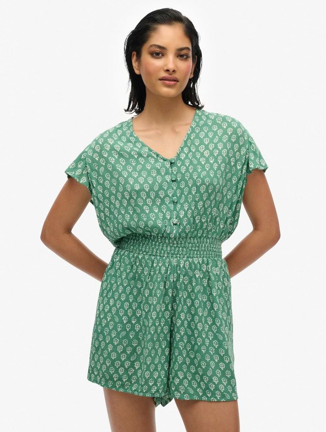 Superdry Women's Short Sleeve Printed Playsuit Floral Block Green