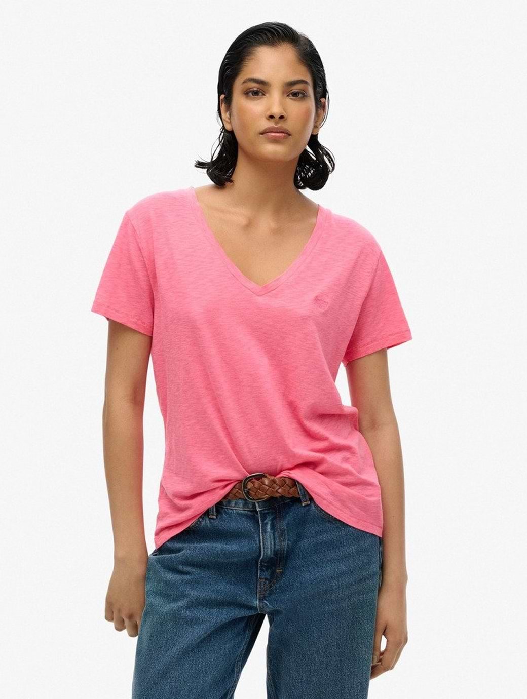 Superdry Women's Slub Embroidered V-neck T-shirt Azalea Pink