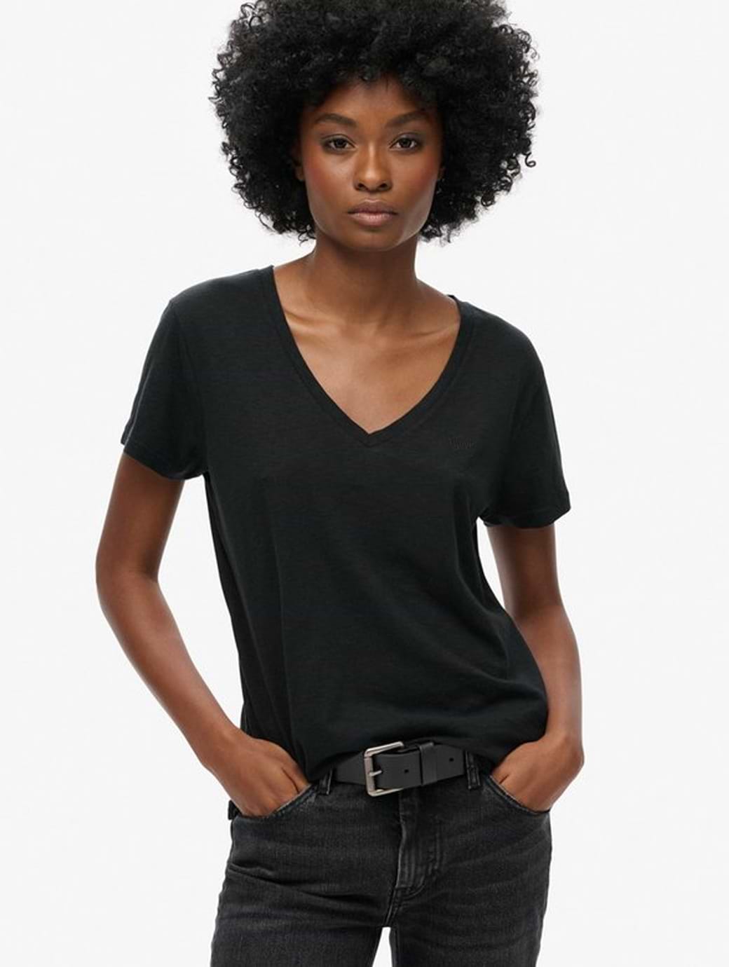 Superdry Women's Slub Embroidered V-Neck T-Shirt Black