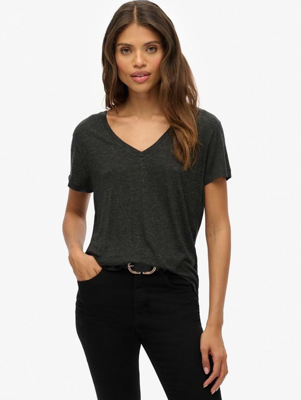 Superdry Women's Studios Slub Embroidered Vee Tee Black Metallic