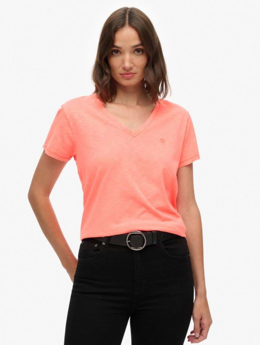 Superdry Women's Studios Slub Embroidered Vee Tee Fluro Coral