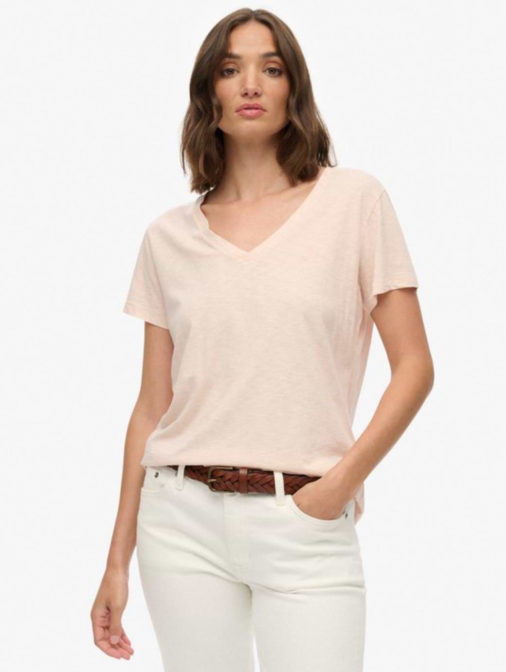 Superdry Women's Studios Slub Embroidered Vee Tee Mauve Morn Pink