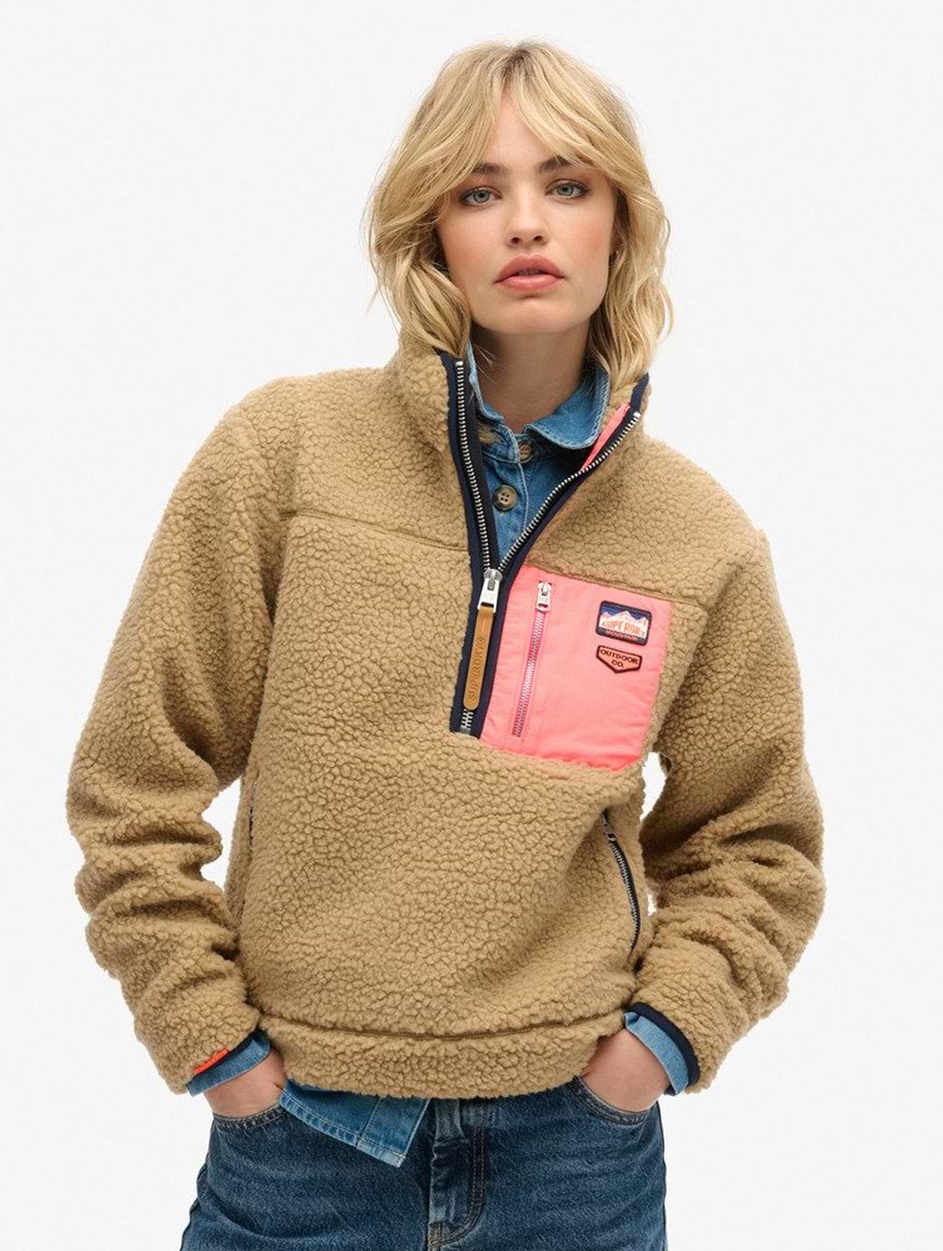 Superdry Women's Vintage Retro Half Zip Fleece Classic Tan Brown