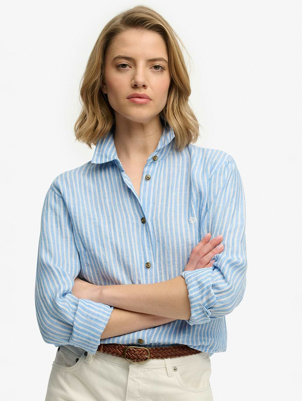 Superdry Women's Premium Linen Slim Shirt Classic Blue Stripe