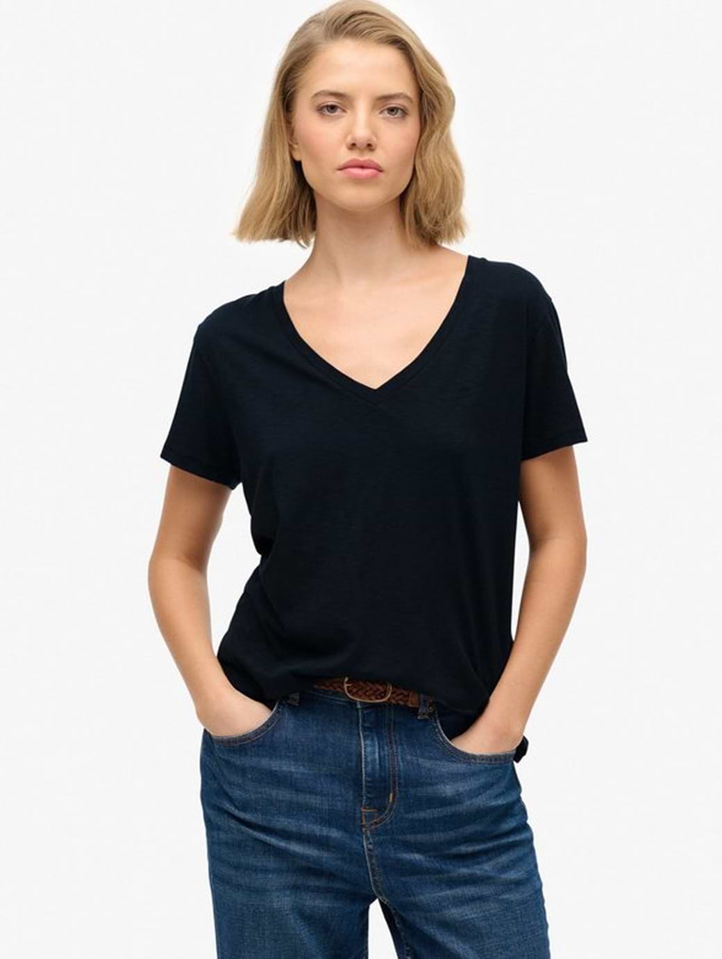 Superdry Women's Studios Slub Embroidered Vee Tee Eclipse Navy