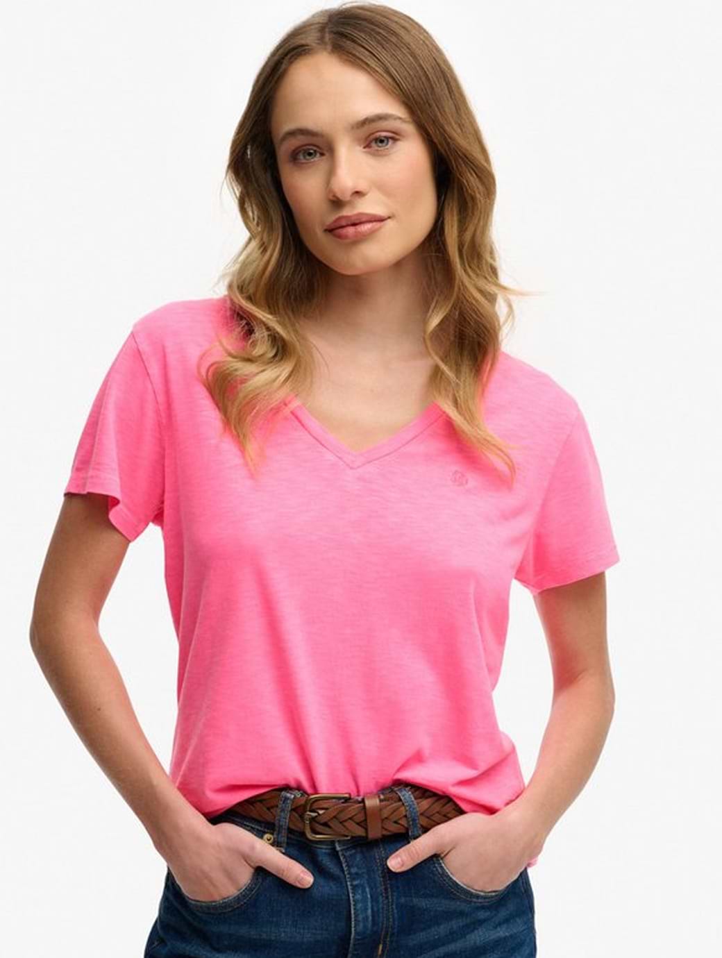 Superdry Women's Studios Slub Embroidered Vee Tee Fluro Pink