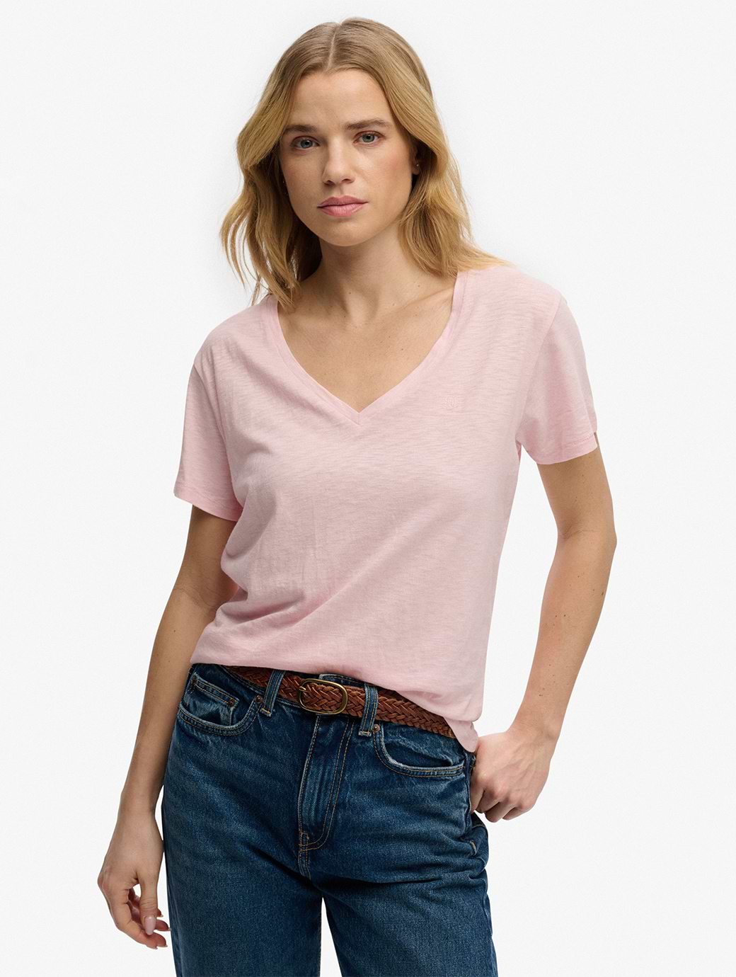 Superdry Women's Studios Slub Embroidered Vee Tee Pale Pink