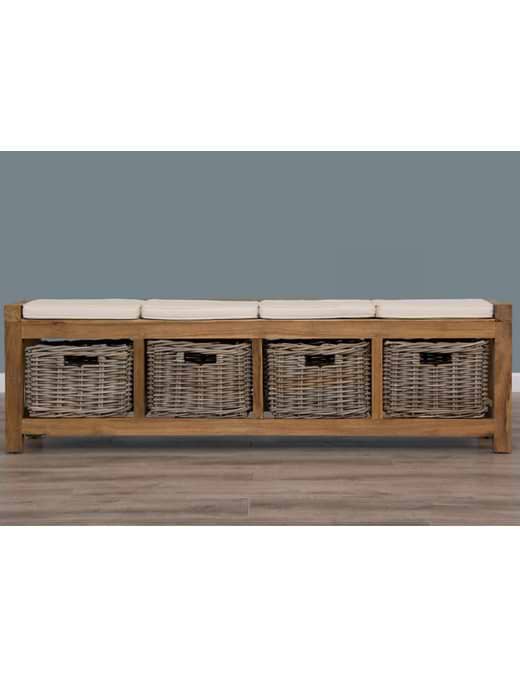 Sustainable Furniture Reclaimed Teak Hall Seat with Natural Cushion - Four Basket