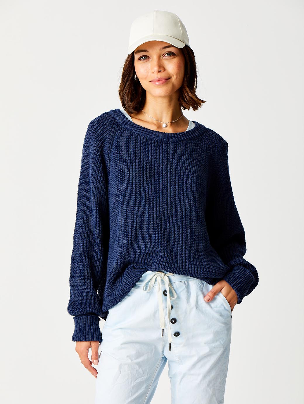 Suzy D London Floretta Crew Neck Knit with Turn Up Cuff Navy