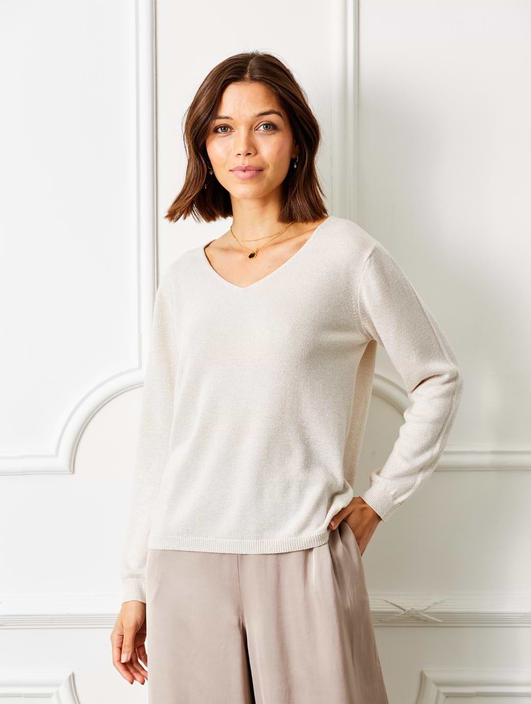 Suzy D London Frederic V-neck Sparkle Knit Taupe