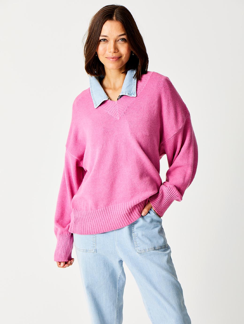 Suzy D London Lizzy V-neck Boxy Soft Knit Magenta