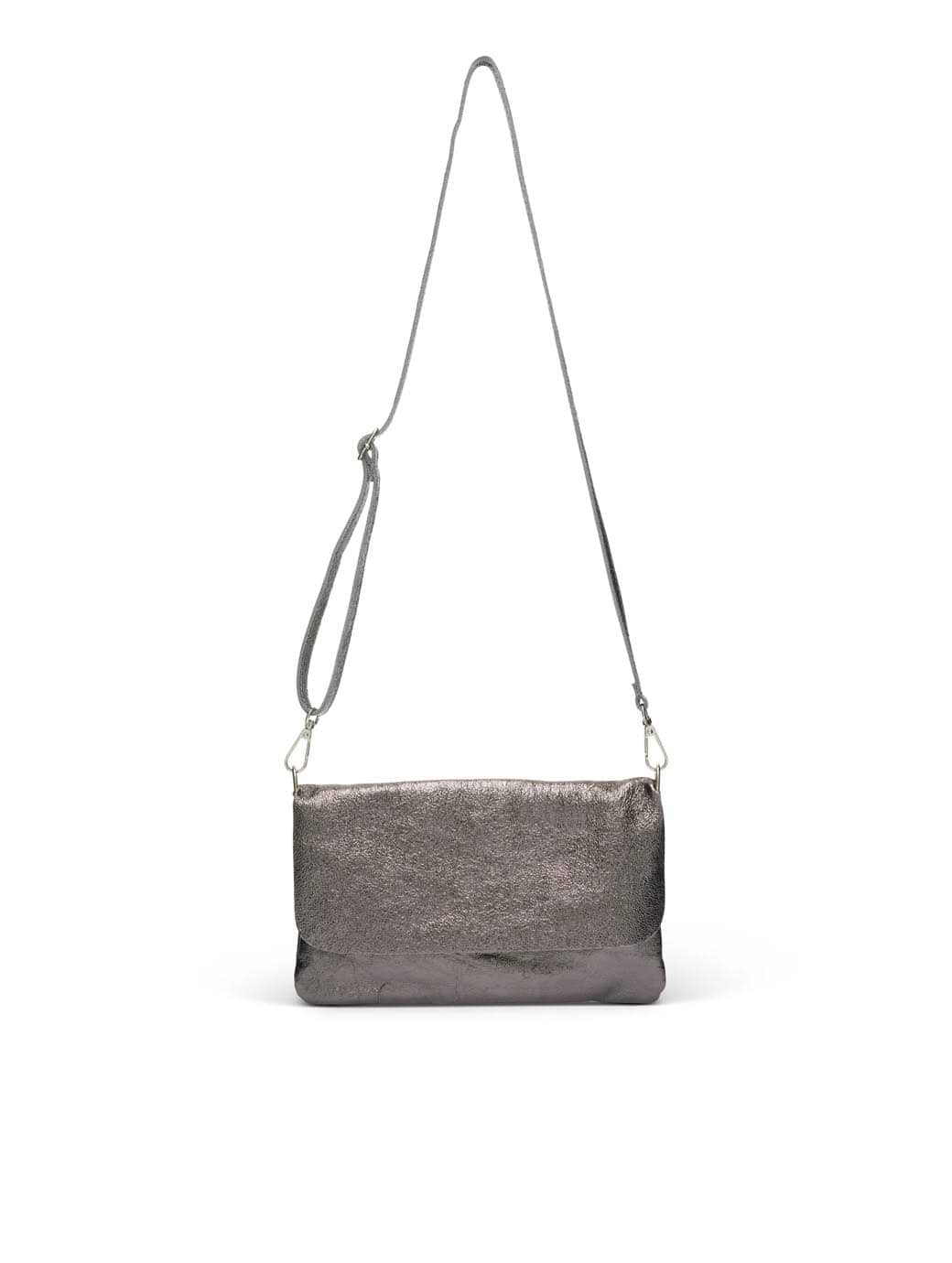 Suzy D London Milano Sparkly Leather Bag with Fold Over Styling Metallic Grey