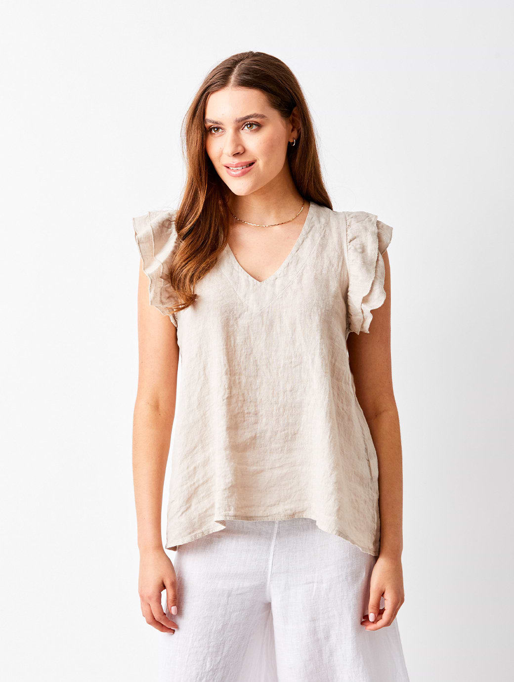 Suzy D London Women's Santiago Frill Sleeve V-Neck Tee Nude