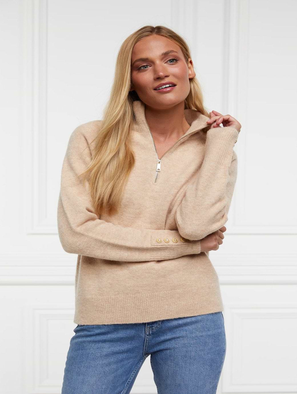 Holland Cooper Tori Quarter Zip Knit Light Camel