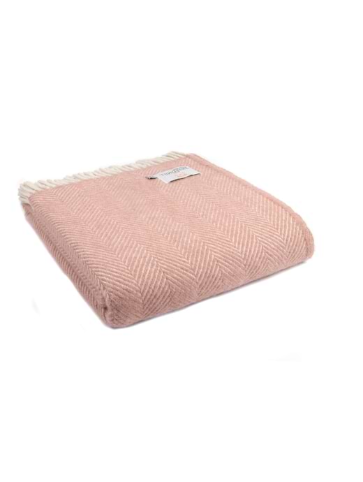 Tweedmill Pure New Wool Throw Herringbone Dusky Pink & Pearl -150x183cm