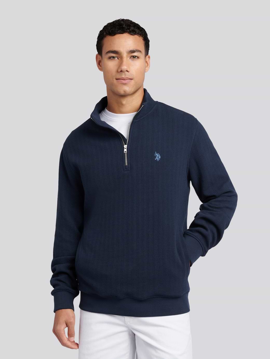 U S Polo Assn Men's Double Horsemen Vertical Texture Sweat Funnel Dark Sapphire Navy/Moonlight Blue DHM