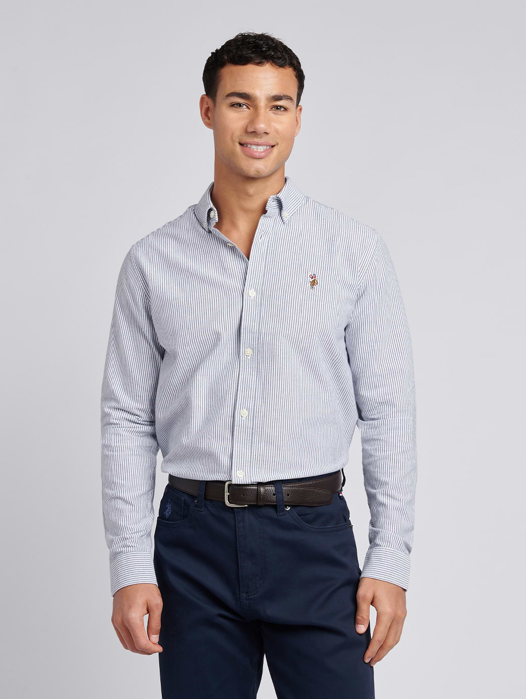 U S Polo Assn Men's Oxford Stripe Long Sleeve Shirt Dark Sapphire Navy