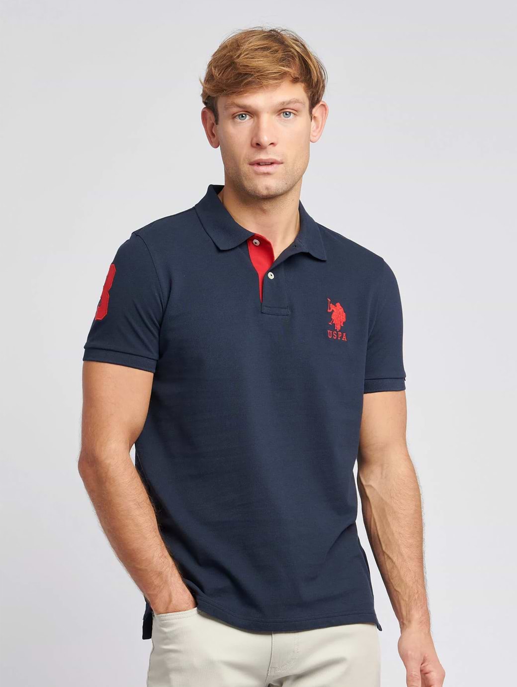 U S Polo Assn Men's Player 3 Pique Polo Dark Sapphire Navy/Haute Red DHM