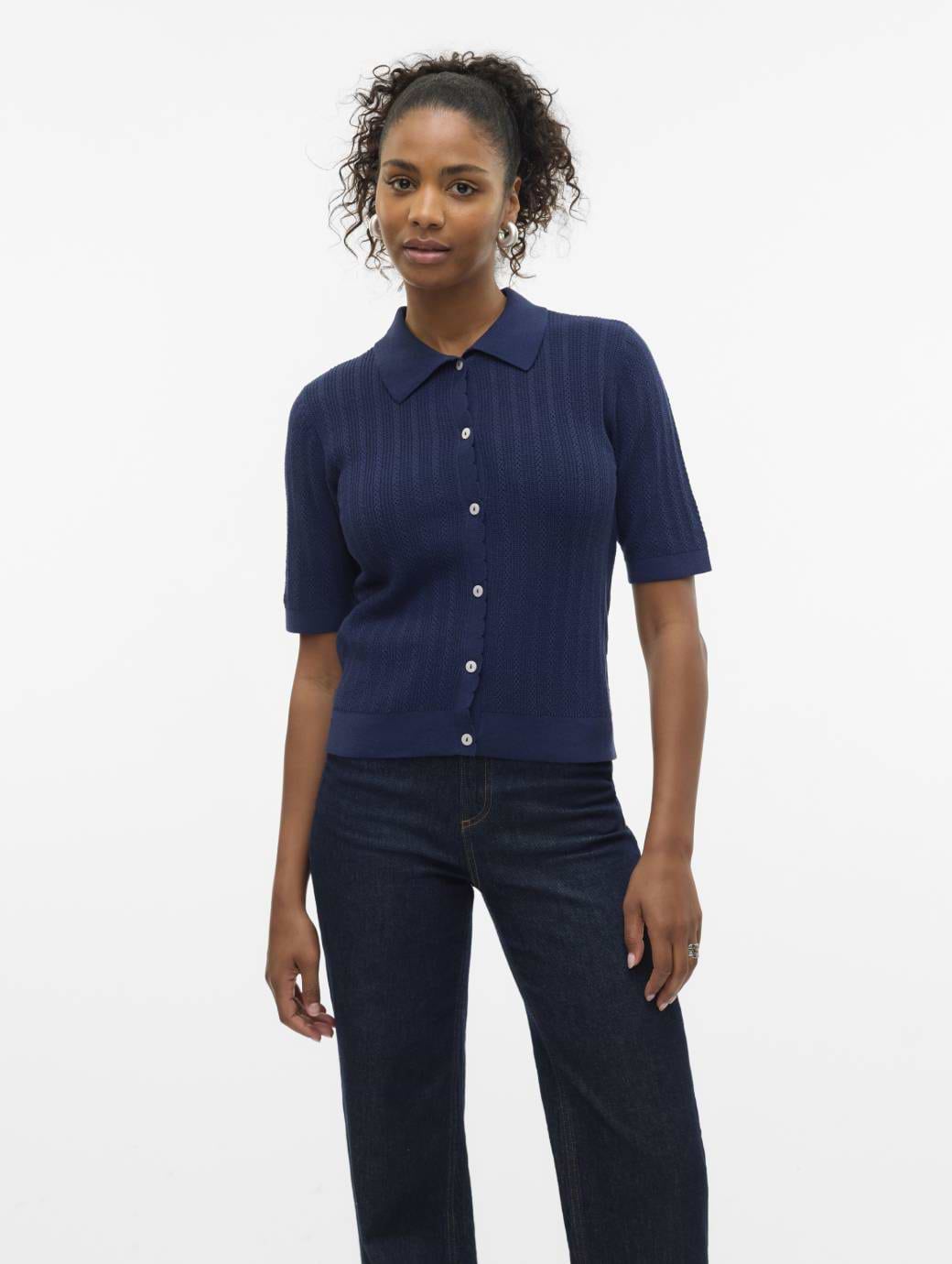 Vero Moda Luxlight Pointelle 2/4 Polo Neck Pullover Navy Blazer