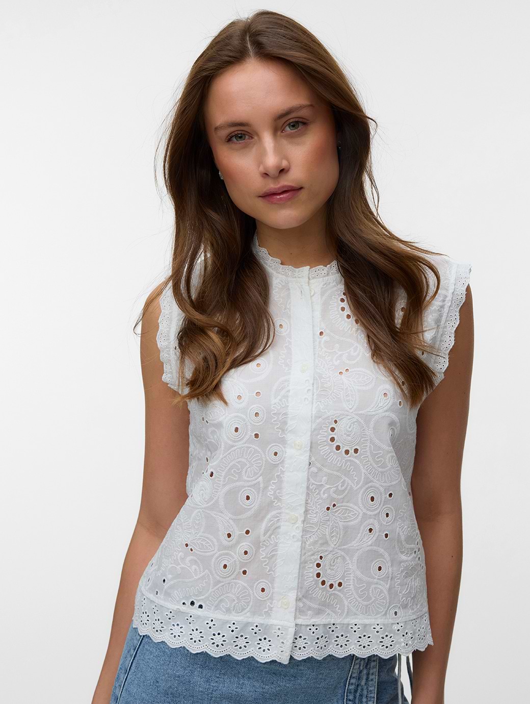 Vero Moda Women's Emily Embroidered Sleeveless Top Snow White