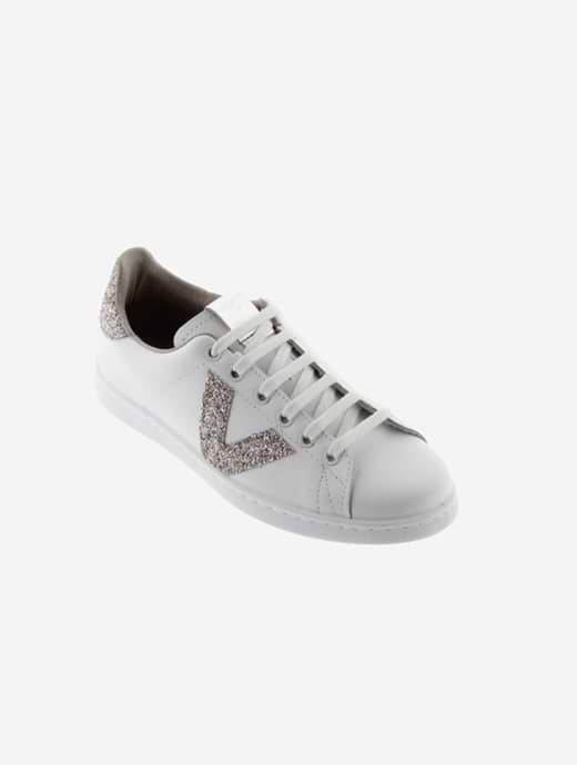 Victoria Women's Tenis Piel & Virutas Glitter Trainer Nude