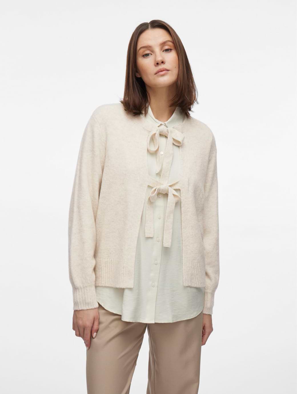 Vila Ellie Long Sleeve Bow Knit Top Super Light Natural Melange