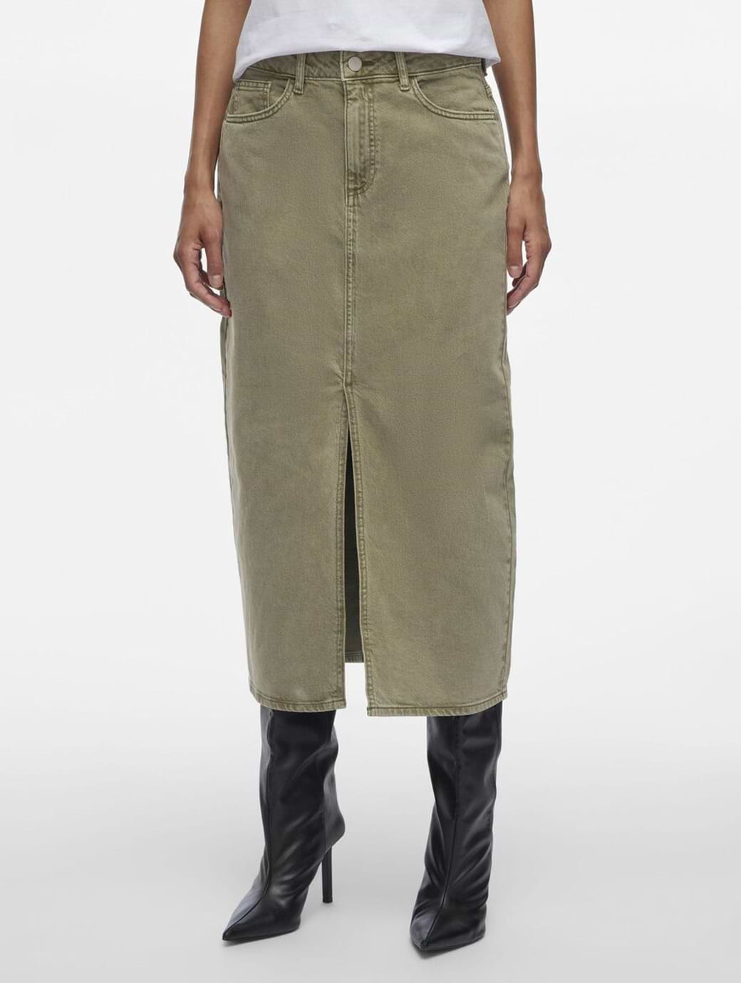 Vila Jaf Denim Midi Skirt Capulet Olive