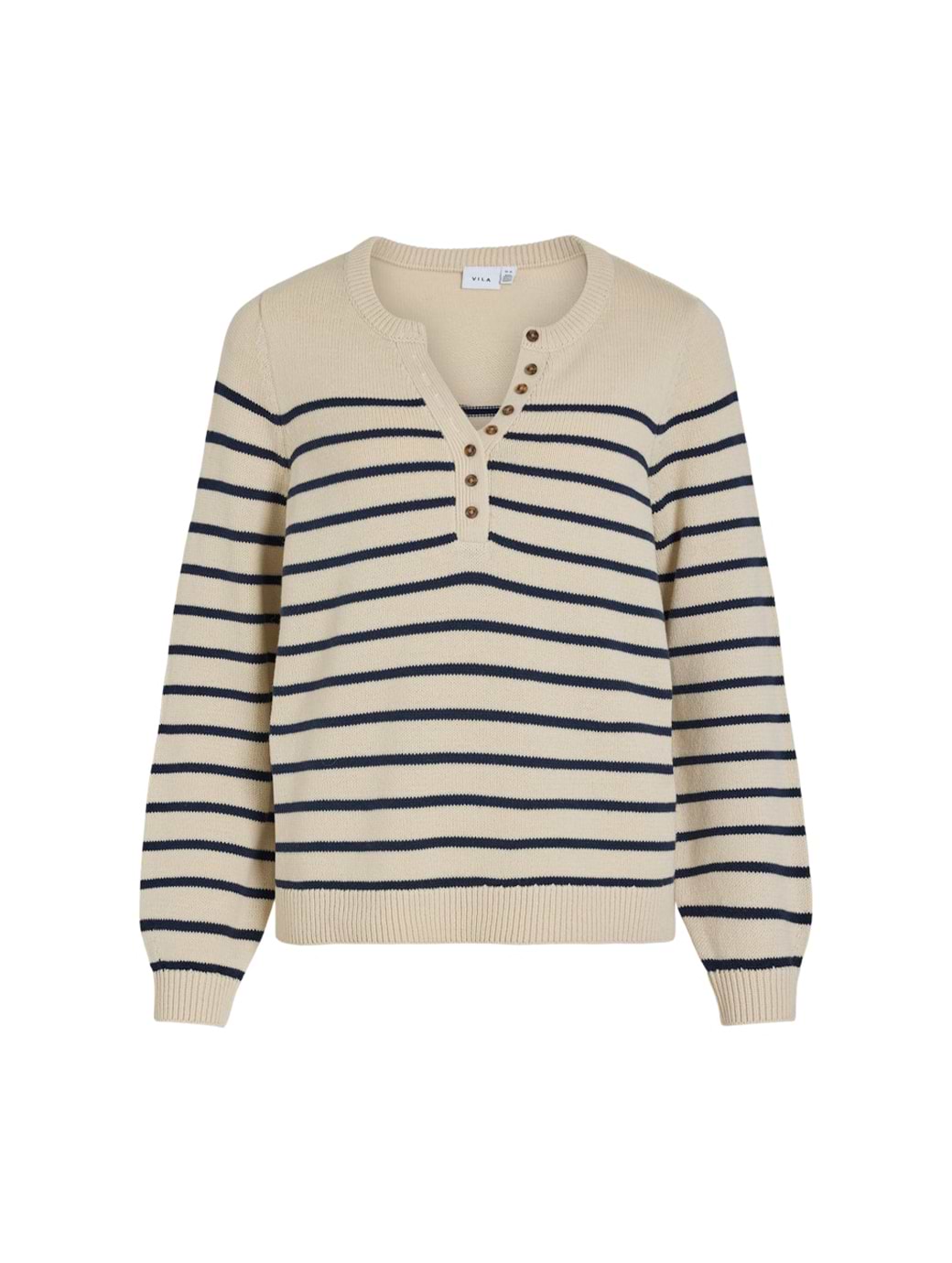 Vila Kylie Long Sleeve Knit Button Top Birch/Navy Blazer Stripes