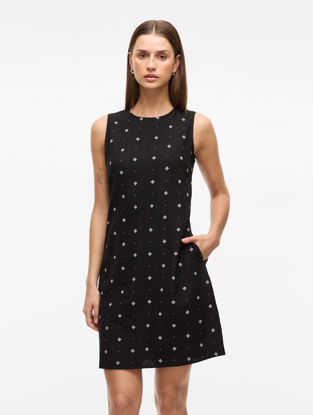 Vila Prisilla Print O-neck Sleeveless Short Dress Black Beauty White