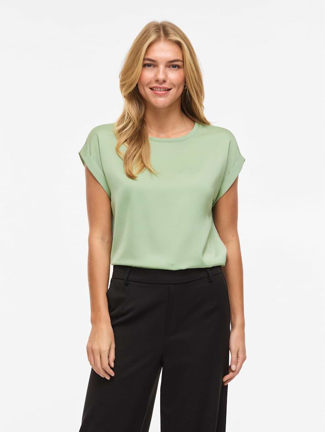 Vila Women's Ellette Short Sleeve Satin Top Smoke Green