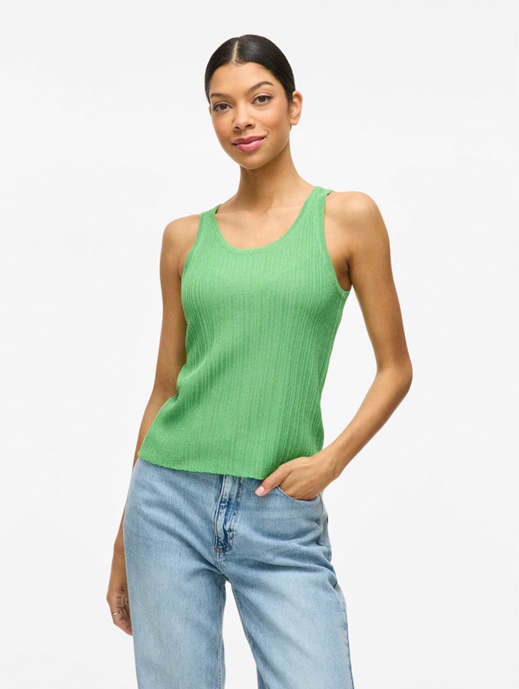 Vila Women's Fame Sleeveless Rib Glitter Knit Top Summer Green
