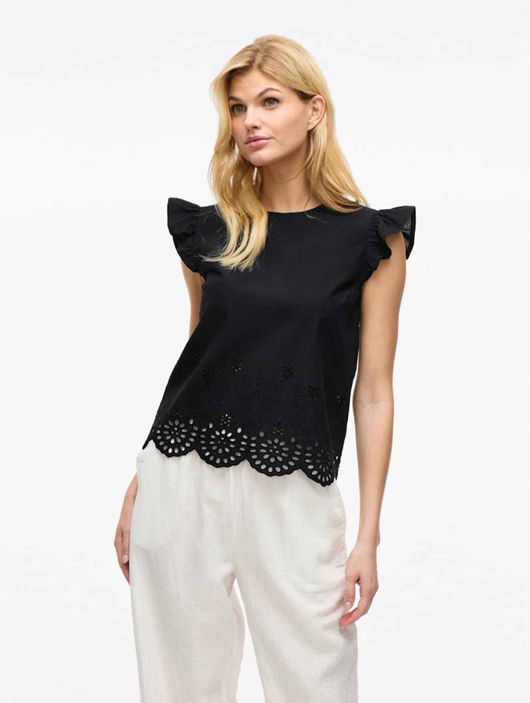 Vila Women's Hortensa O-Neck Frill Top Black Beauty