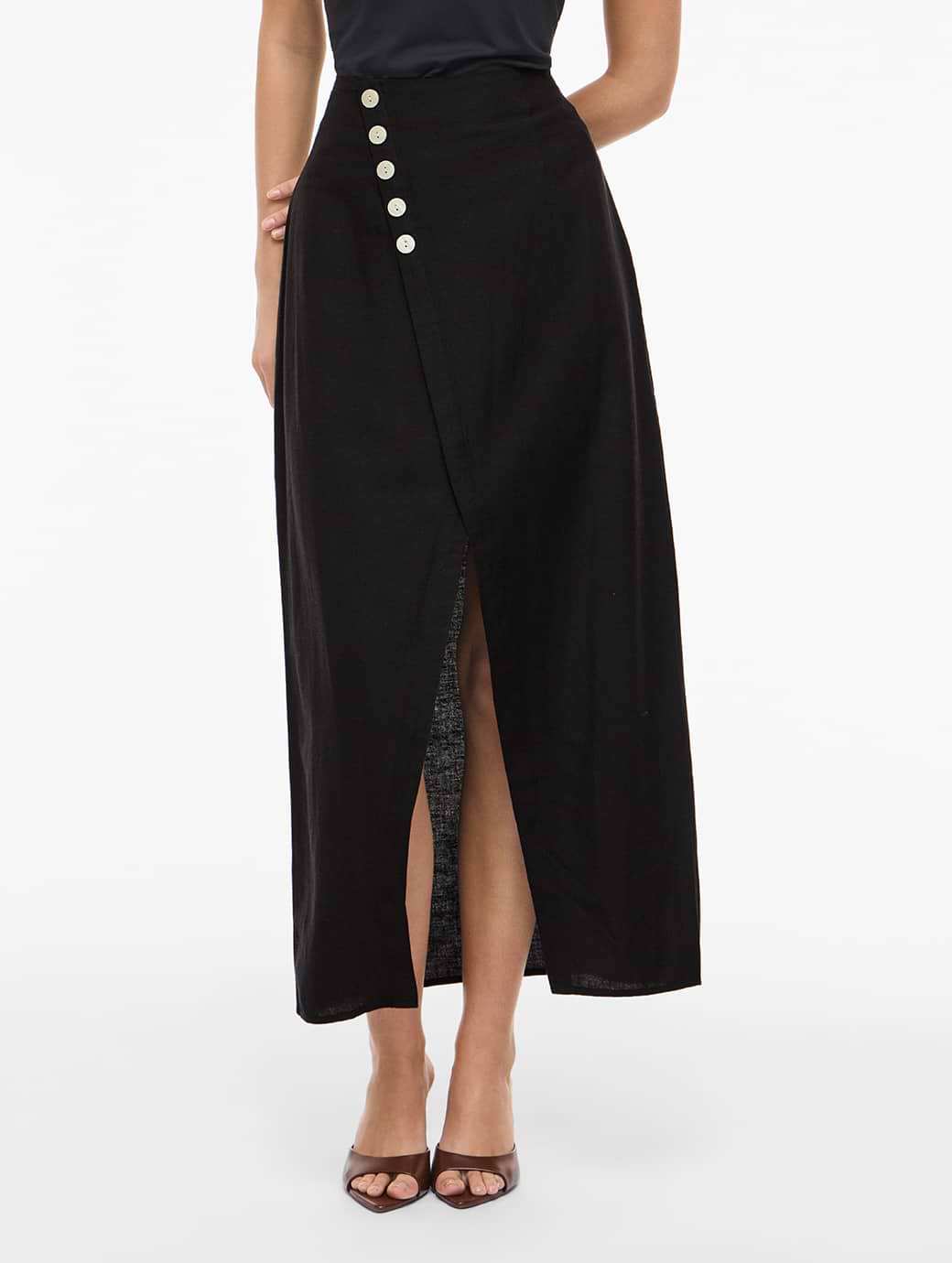 Vila Women's Prisilla Heavyweight Midi Button Skirt Black Beauty