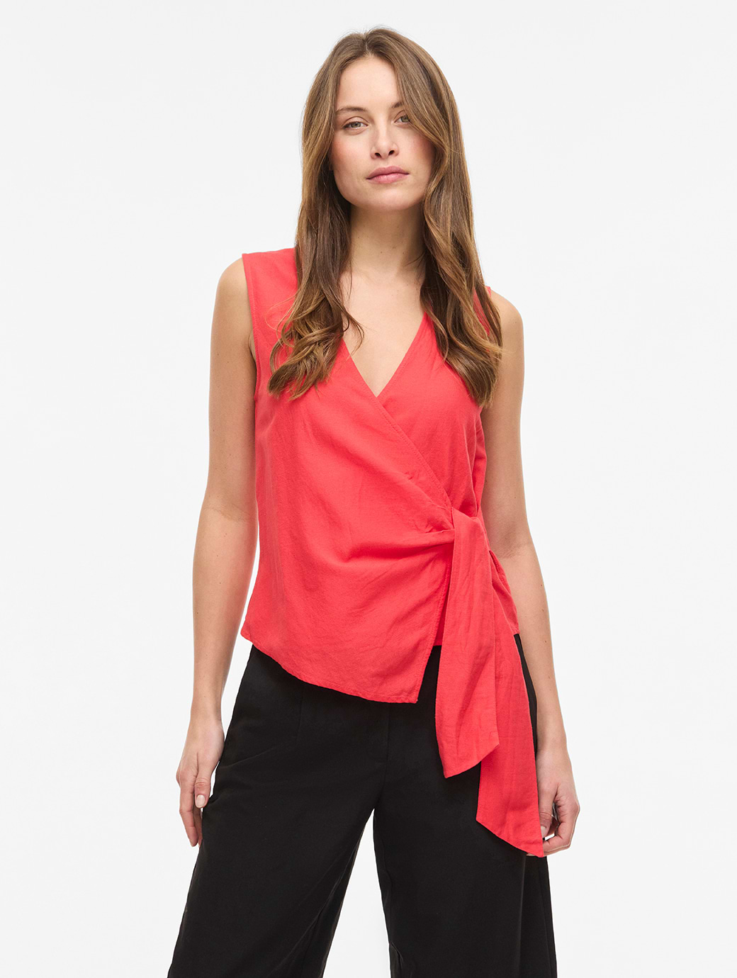 Vila Women's Prisilla V-neck Sleeveless Knot Shirt Hibiscus