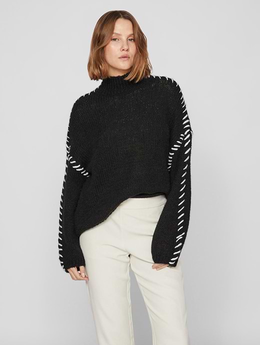 Vila Women's Vichoca New Long Sleeve Knitted Pullover Black White Stitch