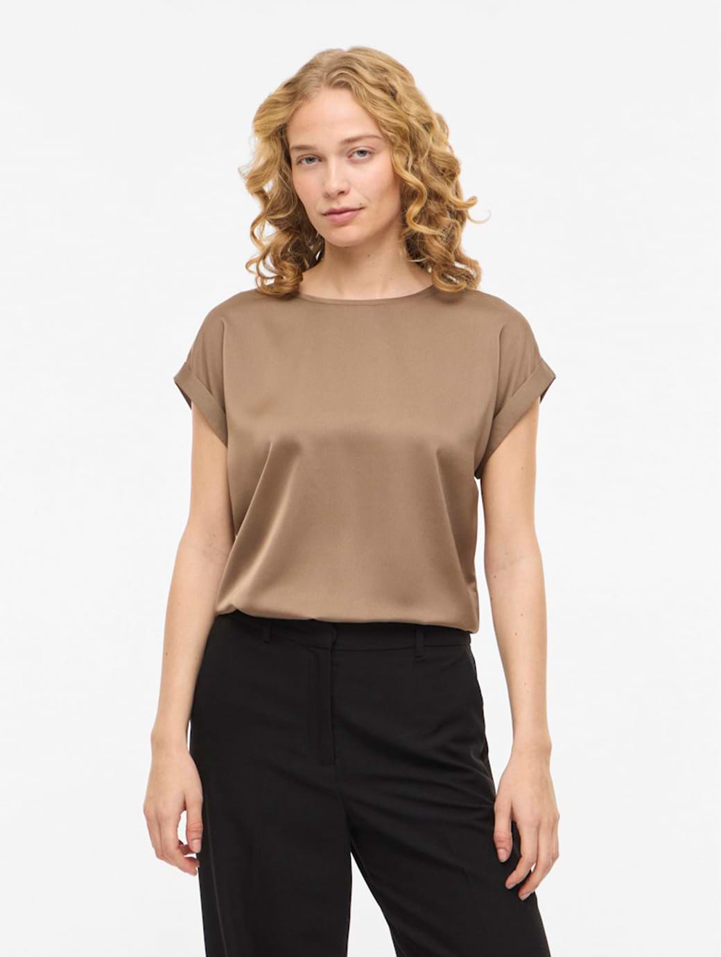 Vila Women's Ellette Short Sleeve Satin Top Fossil
