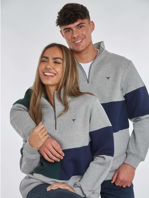 Whale Of A Time Clothing Unisex Norfolk Quarter Zip Sweatshirt Grey/Navy/Green 