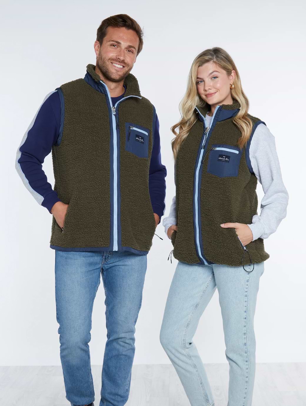 Whale Of A Time Highland Unisex Sherpa Gilet Olive/Blue
