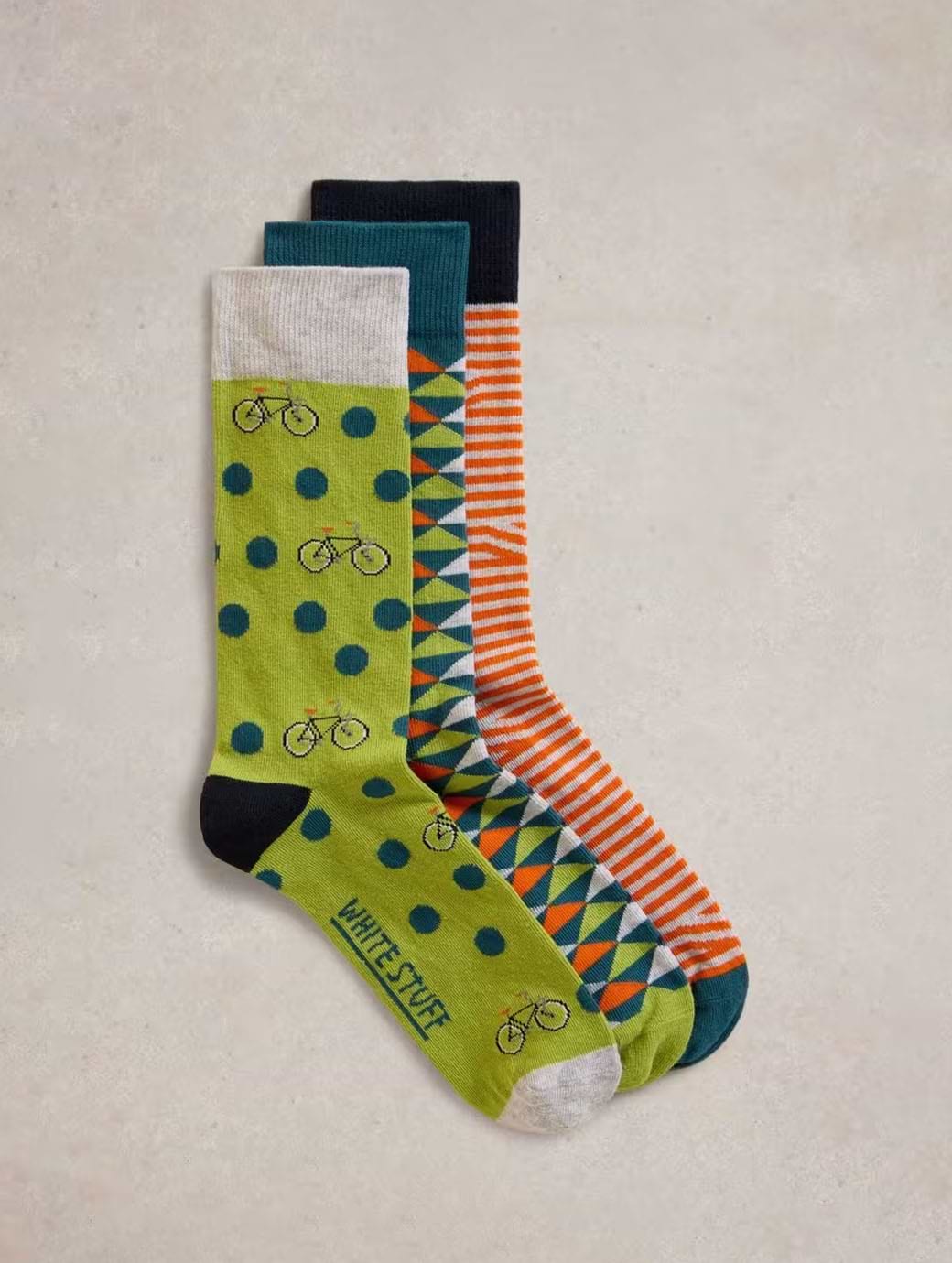 White Stuff Men's 3 Pack Bicycle Geo Socks Orange Multi