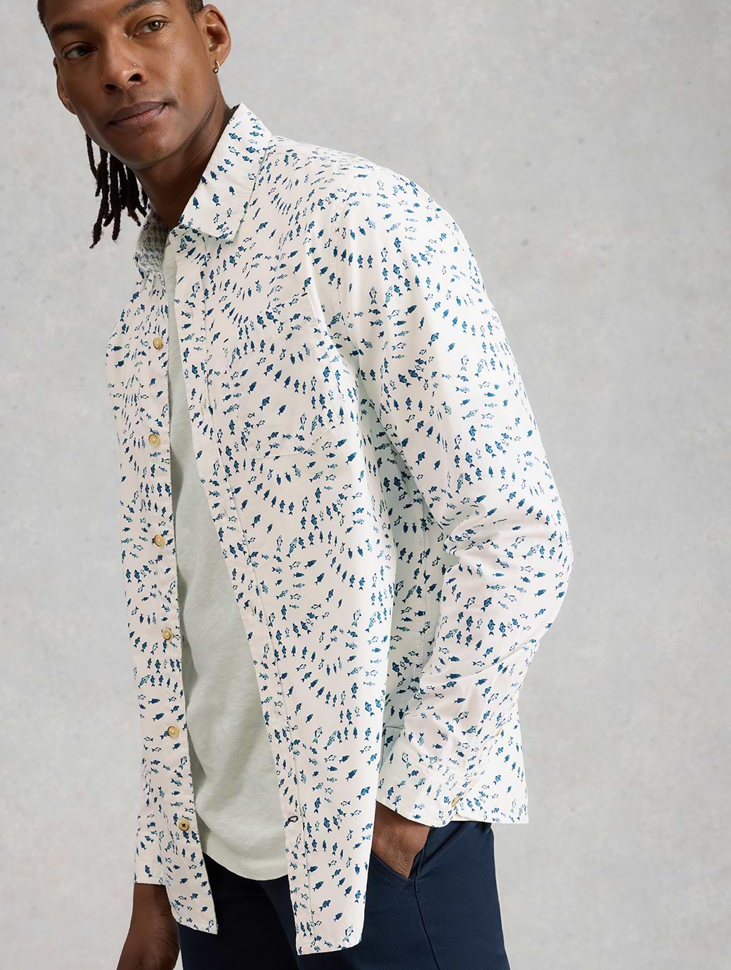 White Stuff Men's Finsbury Swim Fish Print Shirt White Print