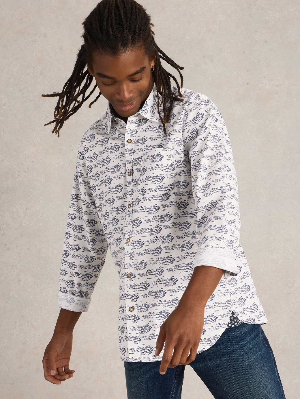 White Stuff Men's Shaol Fish Printed Shirt White Print