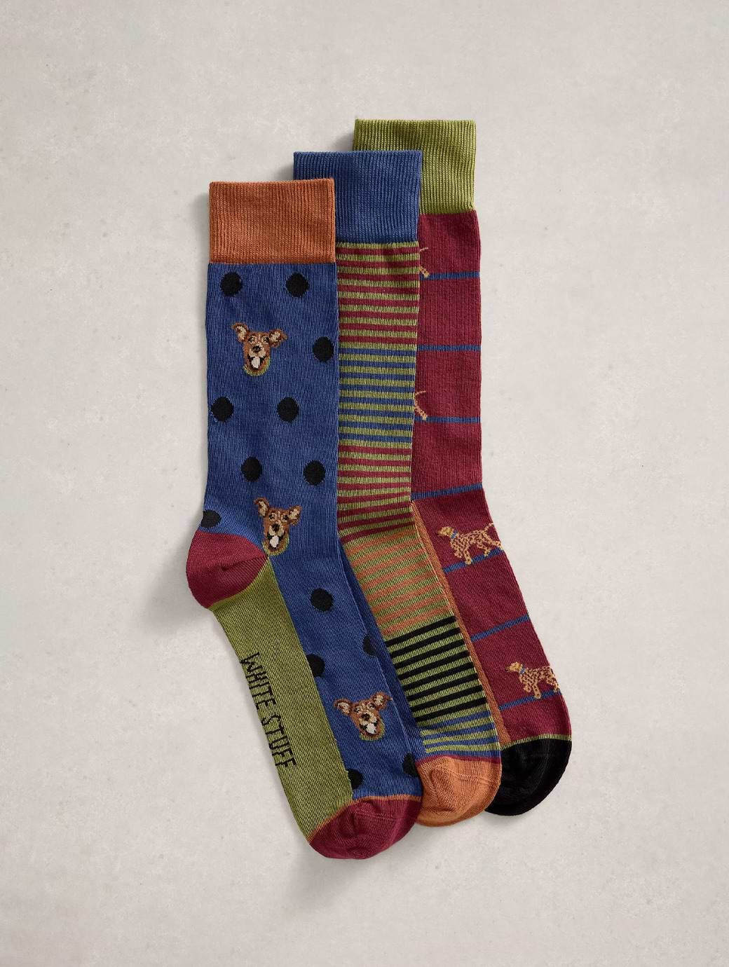White Stuff Men's 3-Pack Stripe Dog Socks Brown Multi