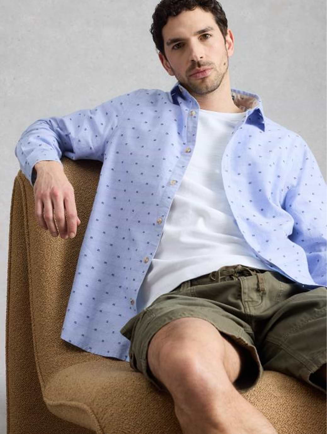 White Stuff Men's Douglas Long Sleeve Dobby Shirt Mid Blue