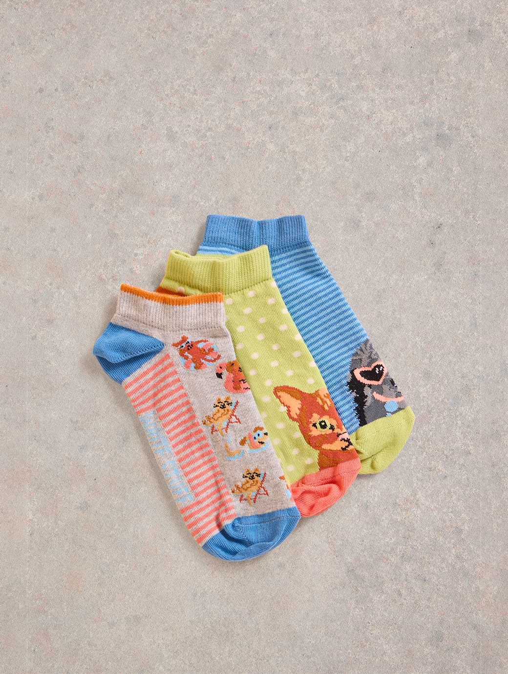 White Stuff Women's 3 Pack Pet Pals Trainer Socks Blue Multi